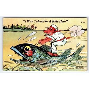 Man Rides On Giant Fish Linen Postcard Comical Fishing Humor 1942 Vintage Kropp